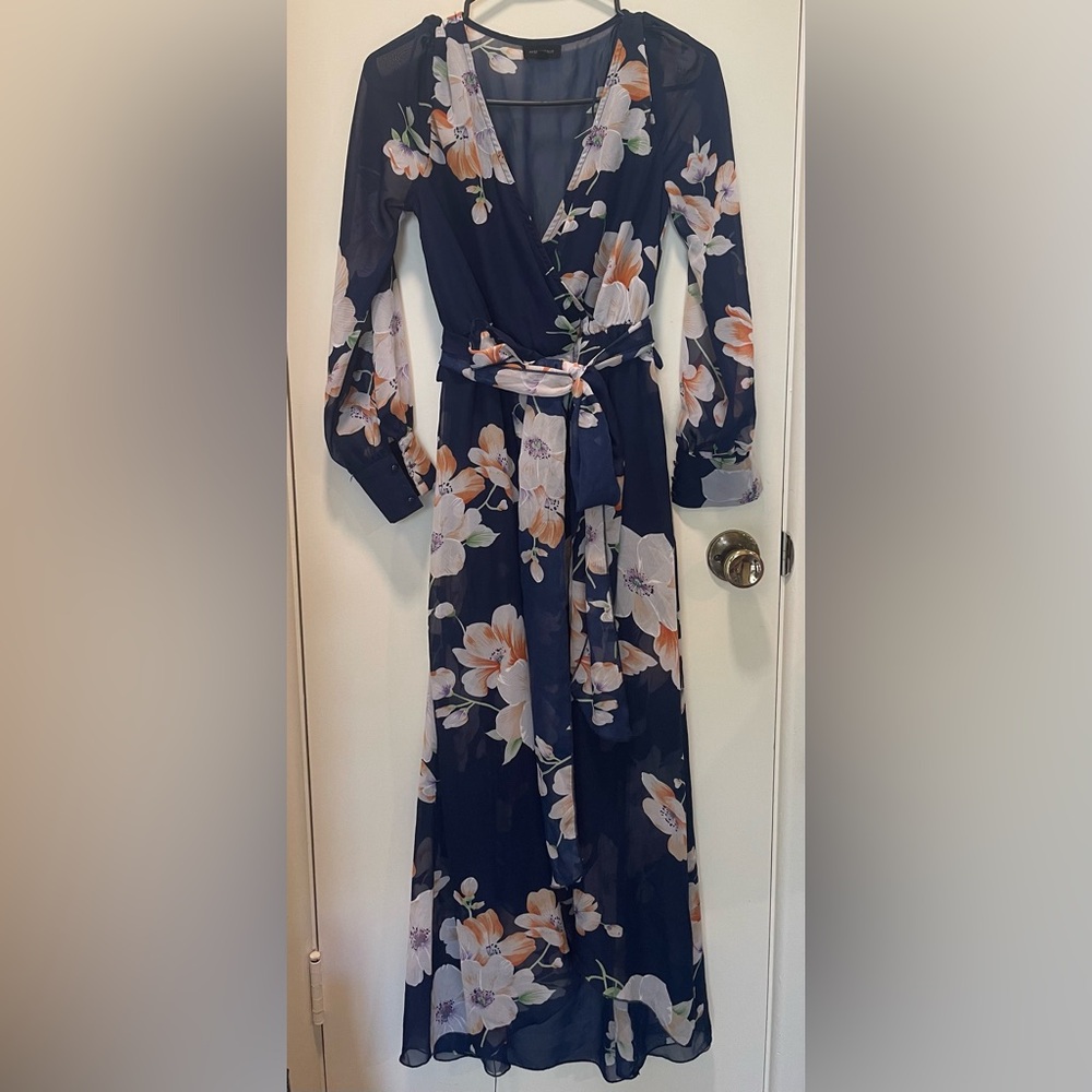 Miss Avenue Navy Floral Wrap Maxi Dress with Peach Blooms